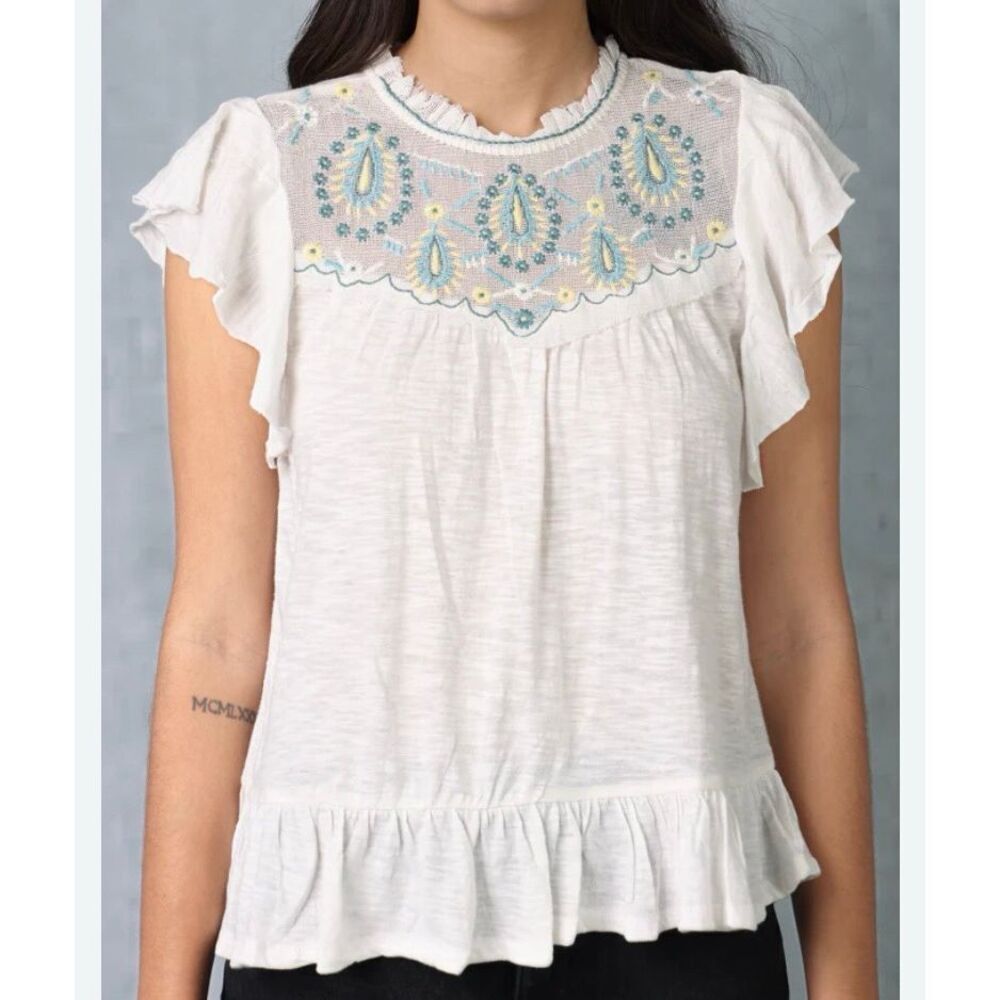 003  Lucky Brand Embroidered Neckline Top Size Medium